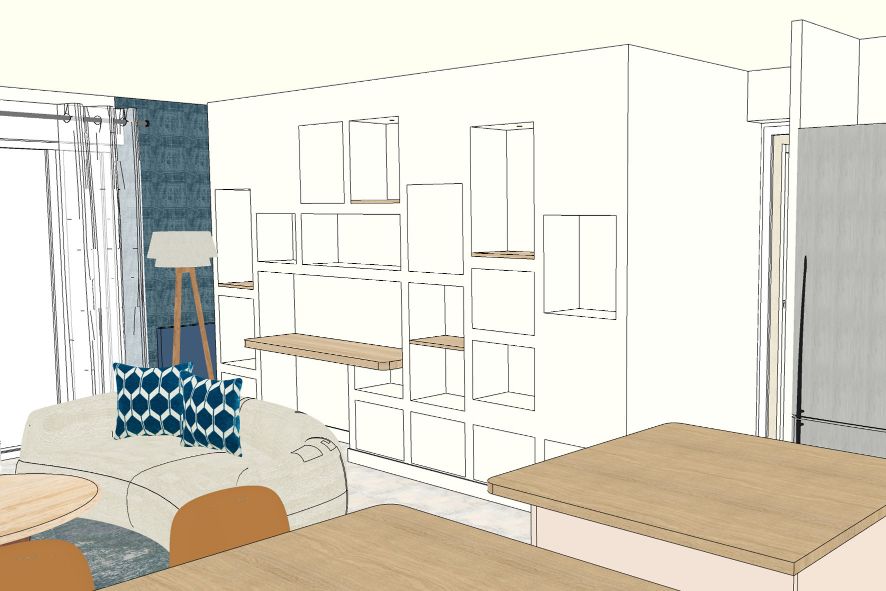 salon aménagé avec création meuble sur-mesure niches en placo et espace bureeeau appartement réaménagé Le Rheu